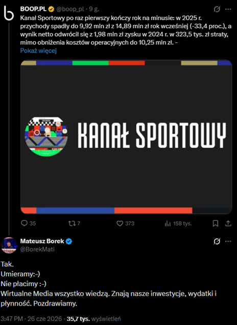 ODPOWIEDŹ Mateusza Borka na doniesienia o GORSZYM ROKU FINANSOWYM Kanału Sportowego :D
